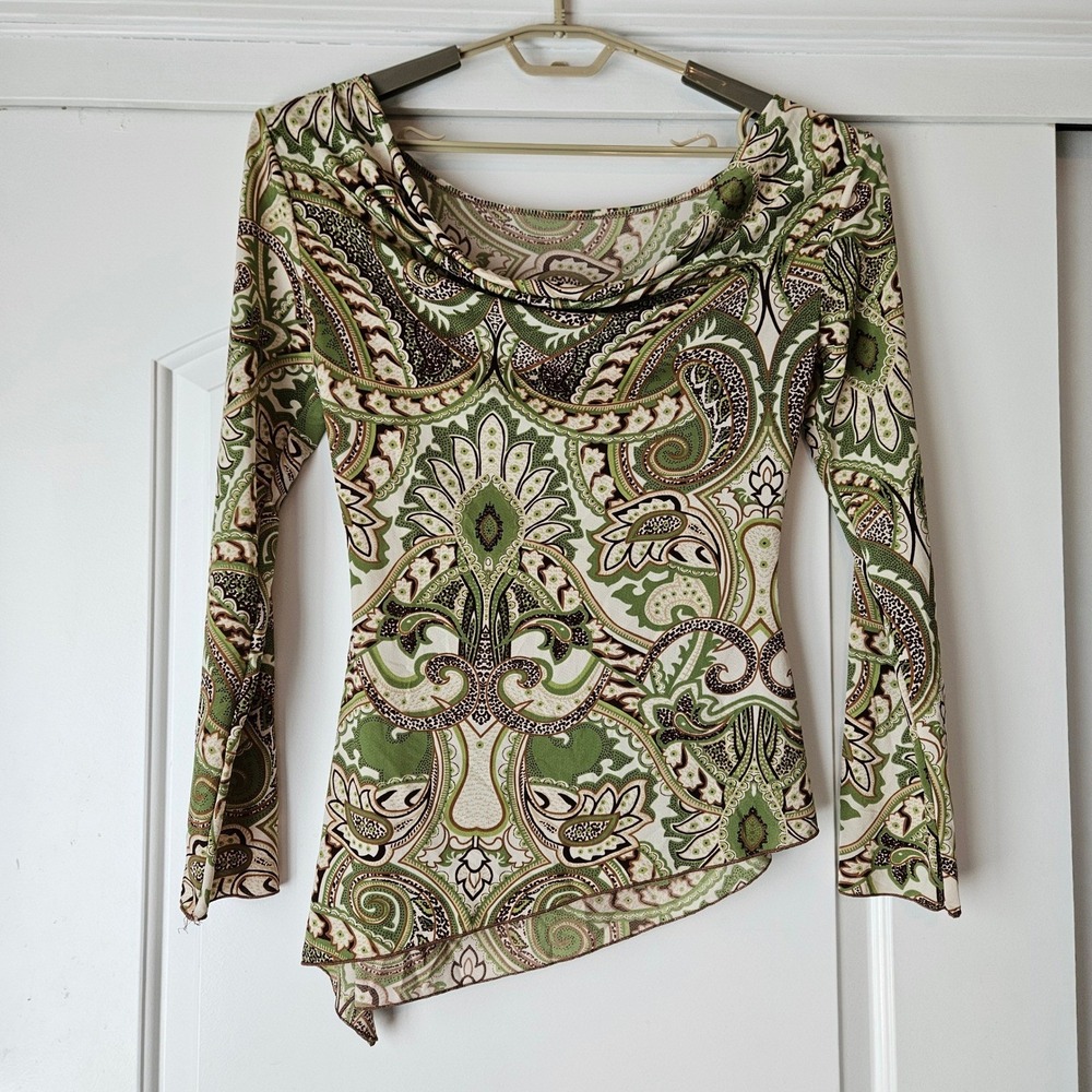 Vintage Y2K Cowl Neck Top Medium Green Goblin Asymmetrical Boho Artsy Phoebe 90s
